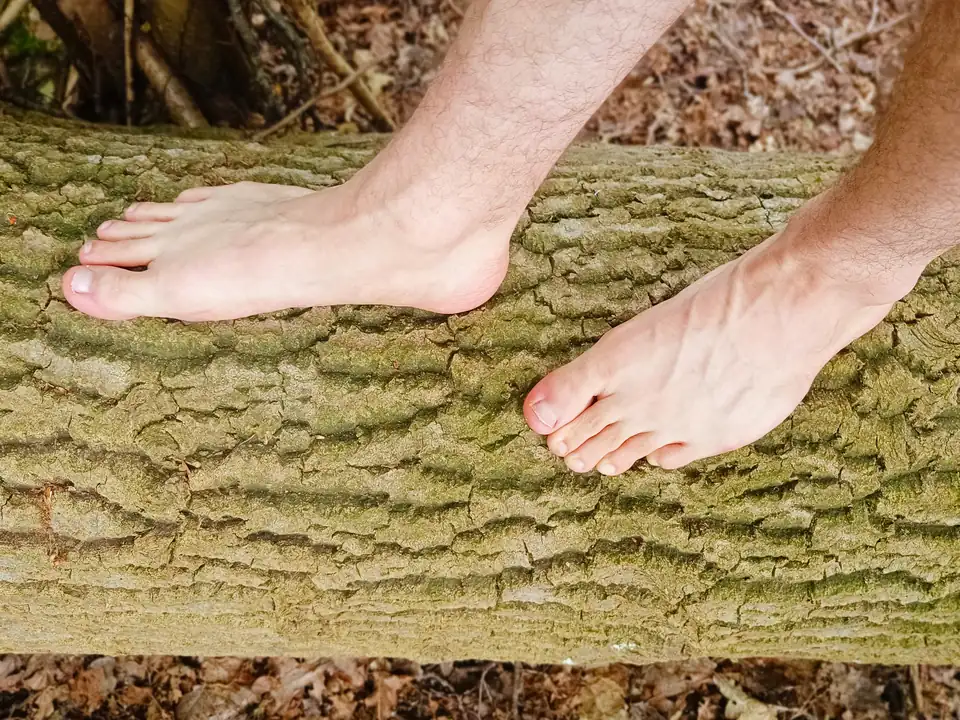Bare føtter som går på en mosegrodd trestamme i skogen